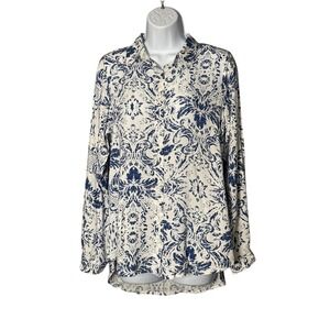 BIG DART Blue White Damask Print Button Up Long Sleeve Viscose Shirt Women's Top